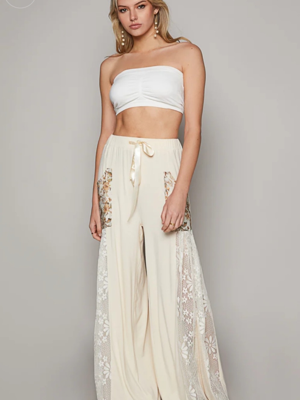 POL Cream Wide-Leg Lace Panel Floral Pants
